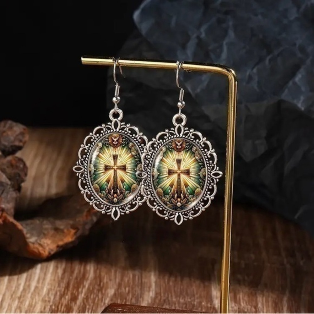 Silver Mosaic Glass Cross Earrings
